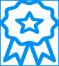 A teal-colored icon of a rosette with a star in the center and two ribbons hanging down. The rosette symbolizes an award, achievement, or recognition. The design is simple and outlined, and the color gives a modern and clean look.