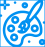 A turquoise icon of an artist's palette with paint blobs and a paintbrush resting on it. There are also small decorative stars in the background.