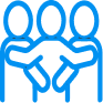 A teal-colored icon depicting three abstract human figures standing side by side, with their arms interlocked in a gesture of unity and teamwork.